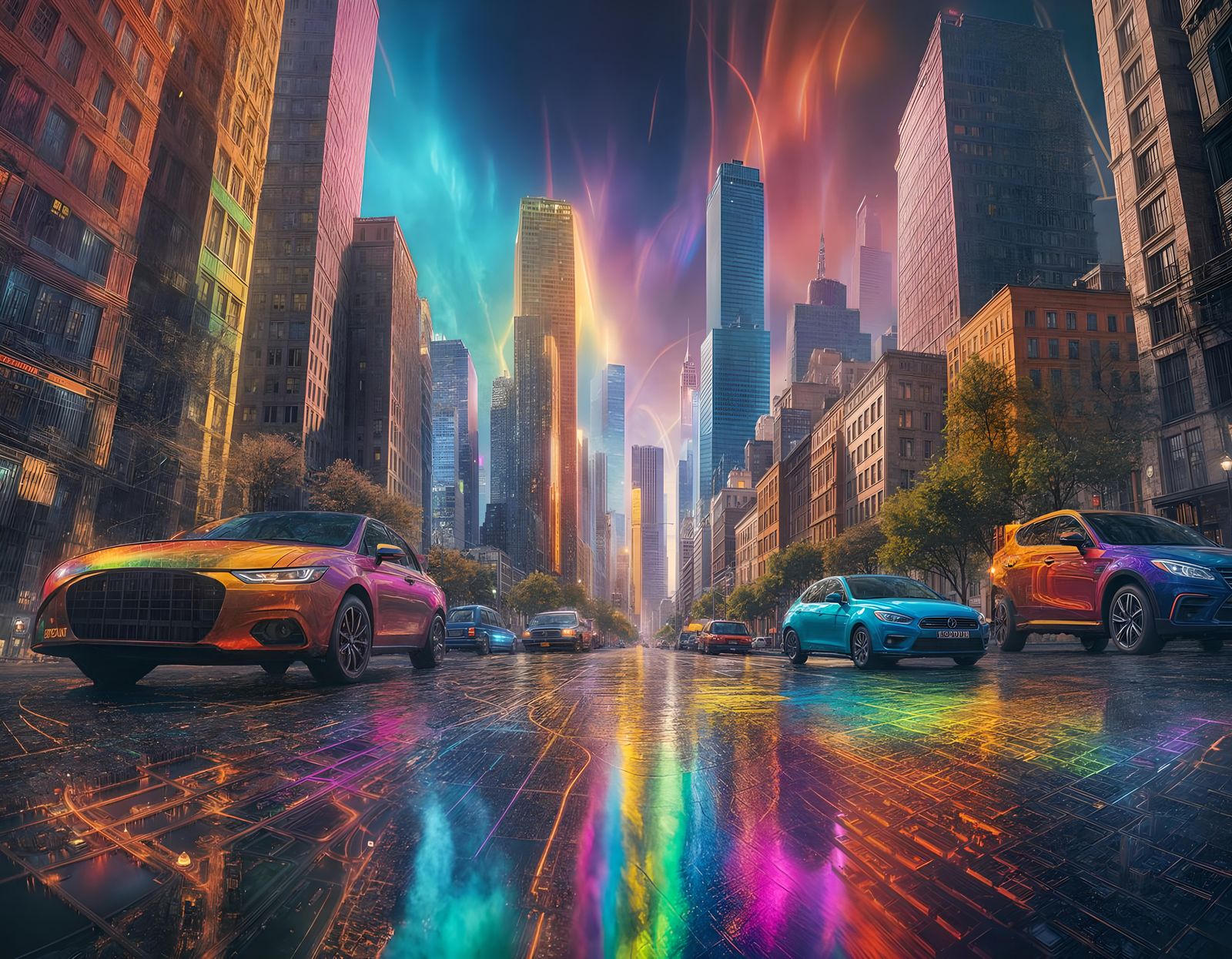 Rainbow Cityscape in Neon Colors