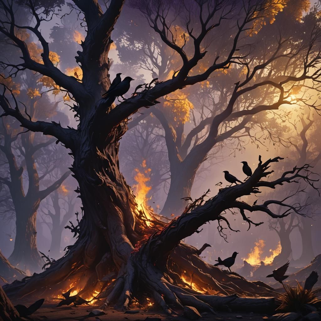 Dark Fantasy Rescue: Shadow Saves Birds in Burning Tree