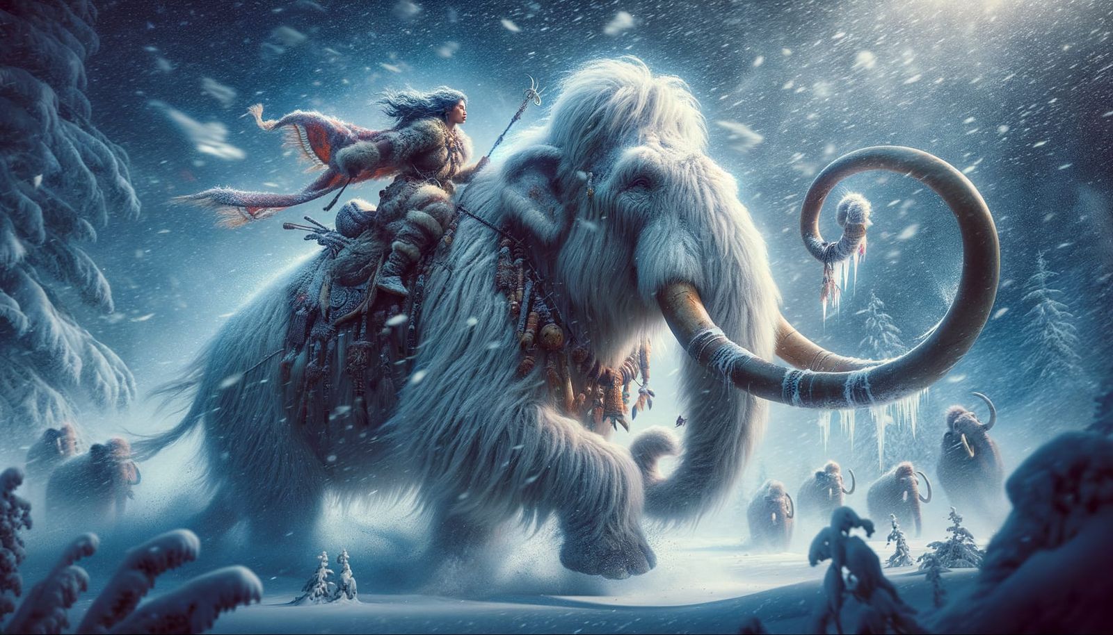 Albino Mammoth Rider in Winter Blizzard