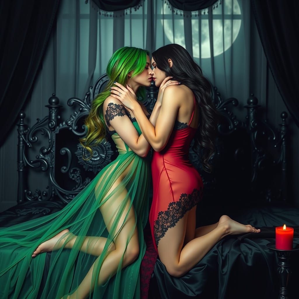 Gothic Romance: Two Women in a Passionate Kiss