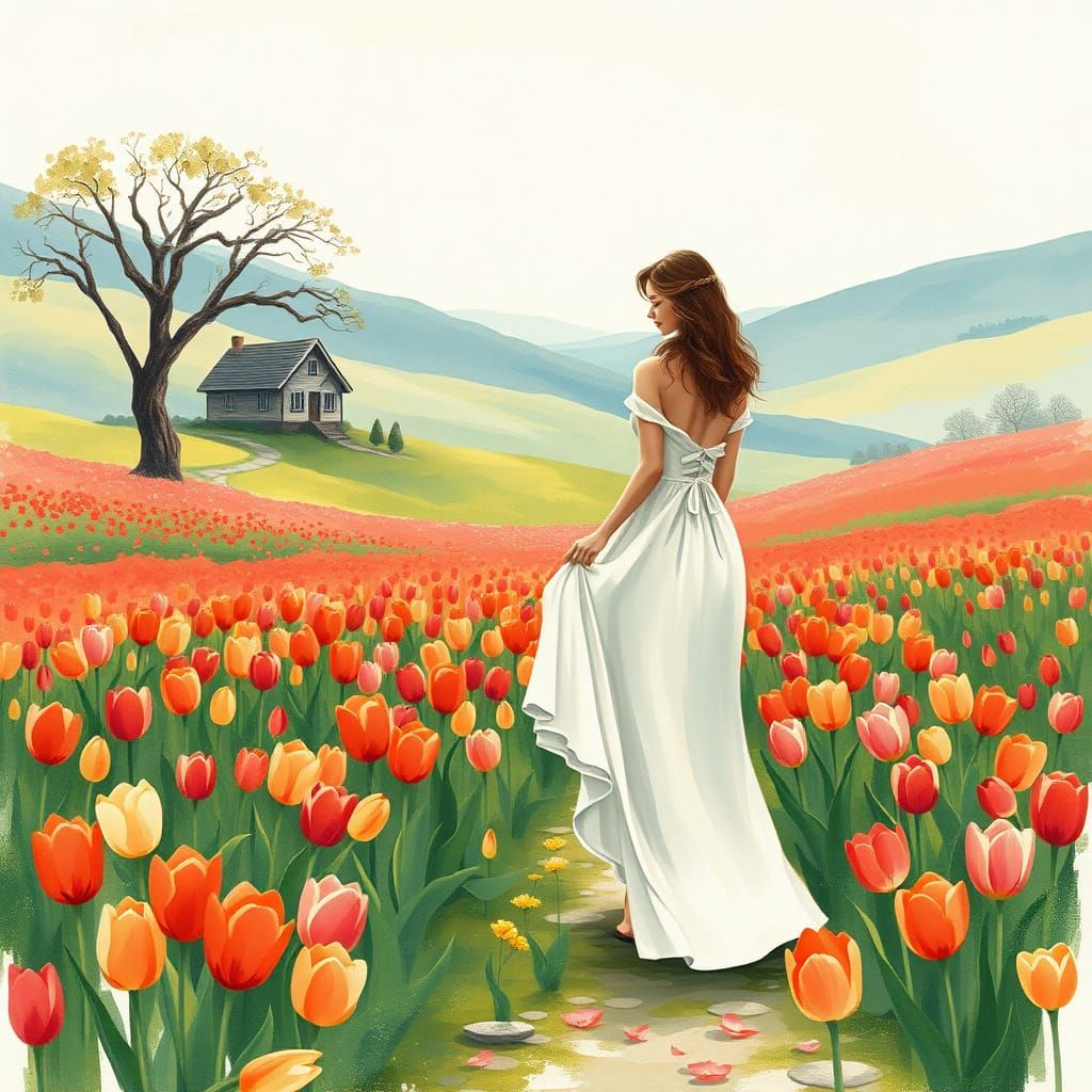 Woman in Tulip Field, Impressionist Style