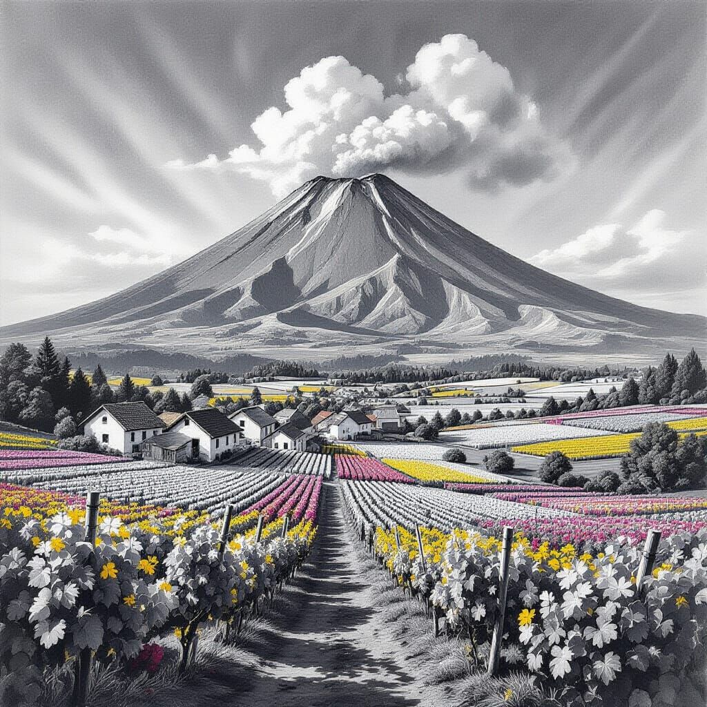 Volcano Landscape Charcoal Drawing with Houses and Flowers