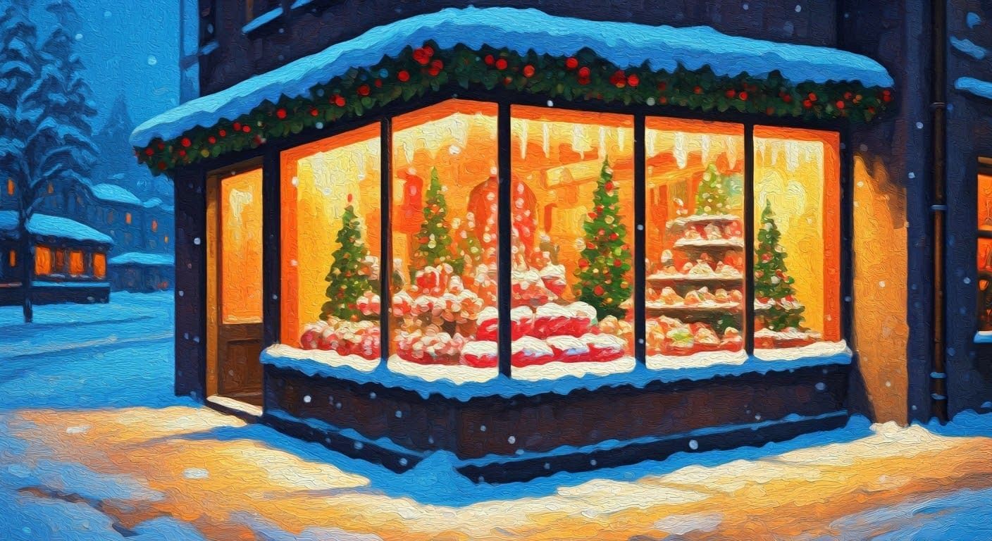 Cozy Christmas Shop on a Snowy City Street