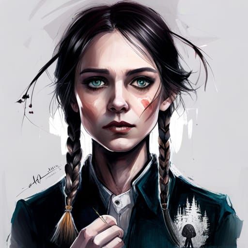 Wednesday Addams Goth Anime Portrait, Disney Splash Art