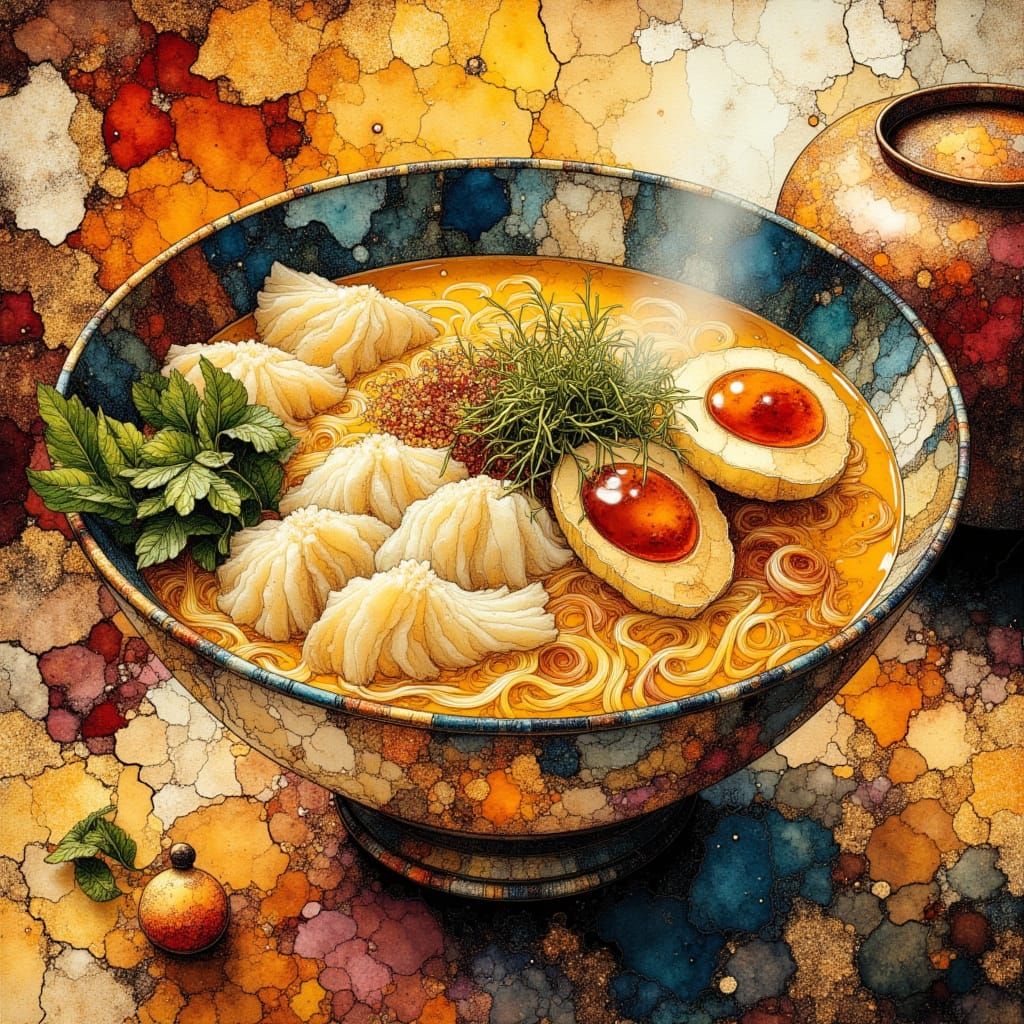 Delicious Ramen Bowl with Tea, in Vector Fractal Style