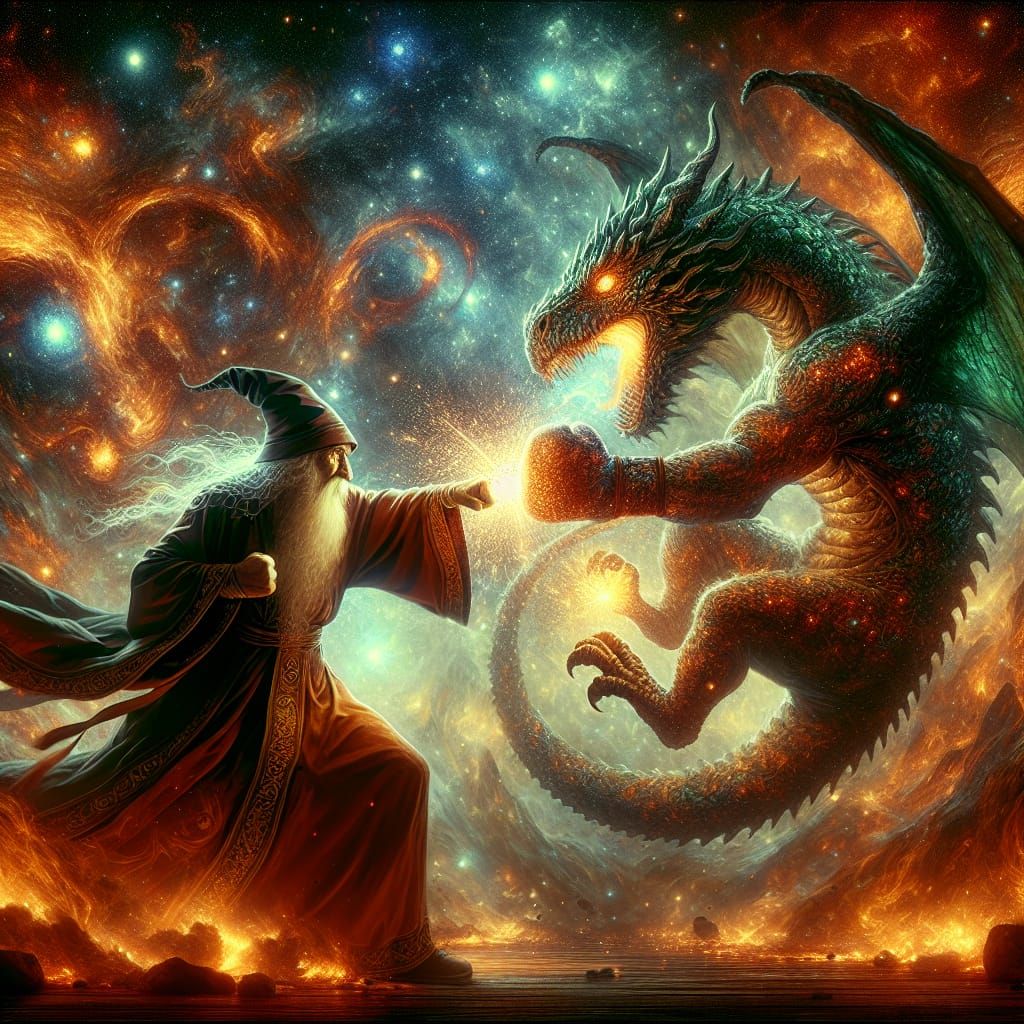Wizard Boxing Dragon in Magical Fantasy Scene