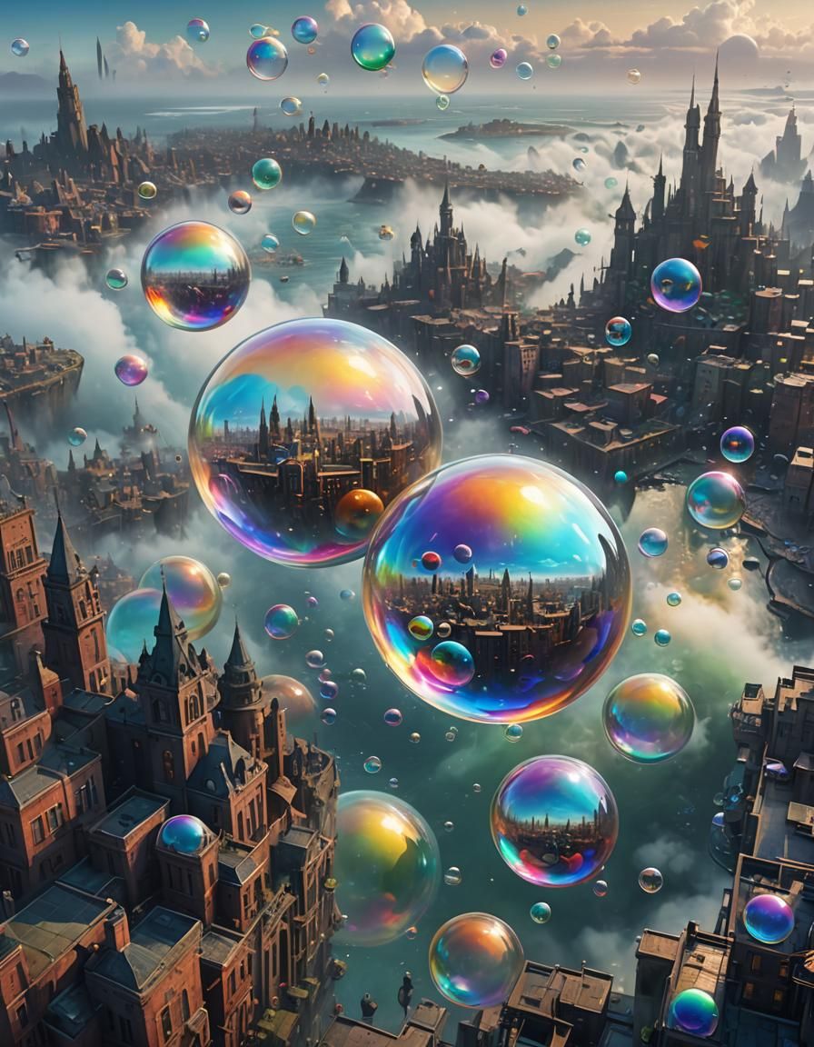 Giant Iridescent Bubbles Over Ocean City, Fantasy Art