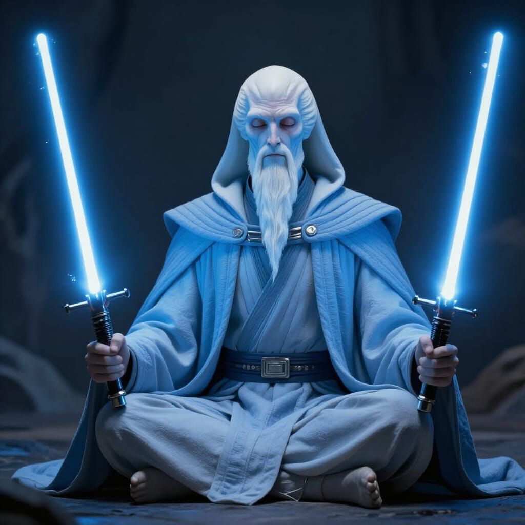 Meditating Star Wars Alien Jedi in Blue Cloak