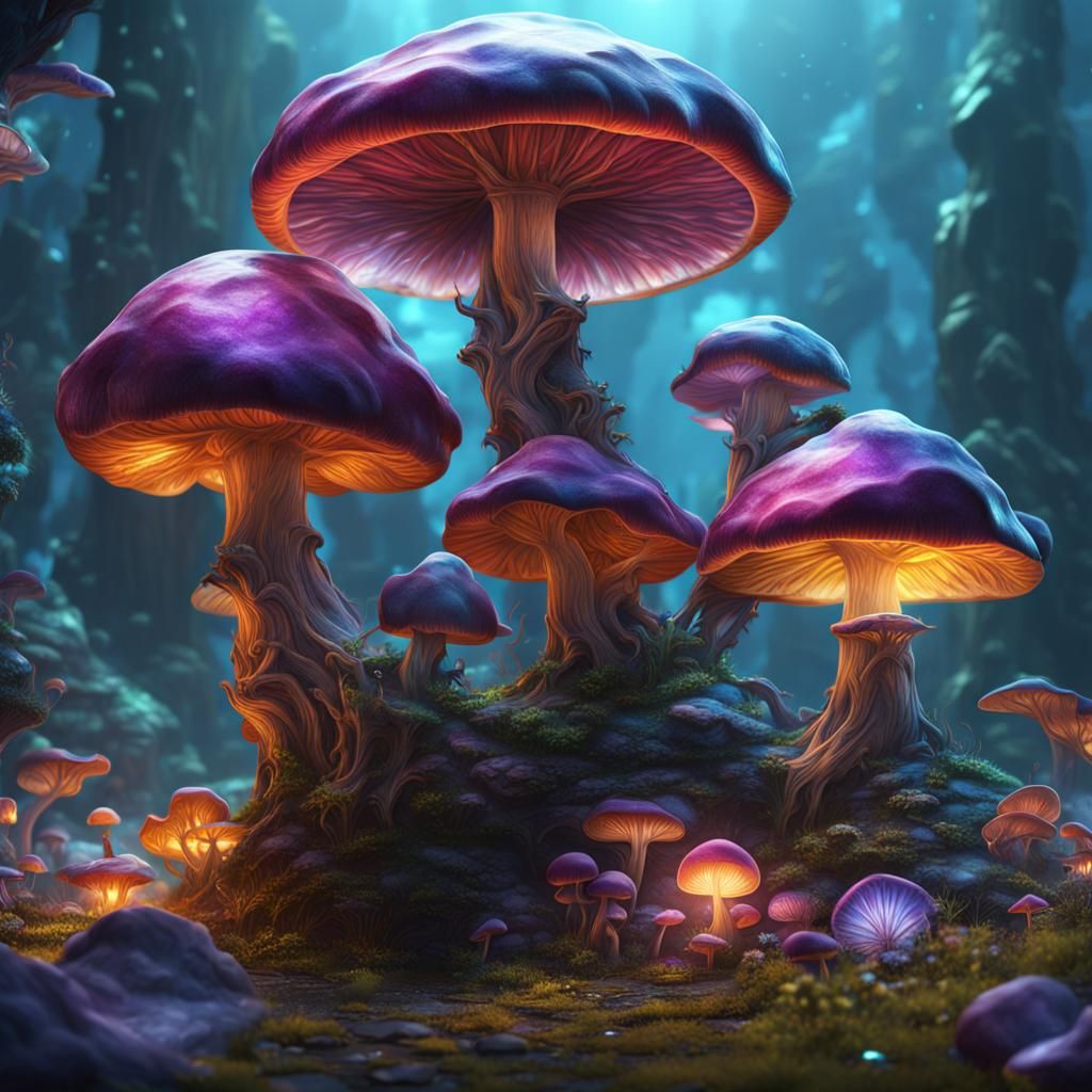 Glowing Crystal Mushrooms in Detailed Matte Painting