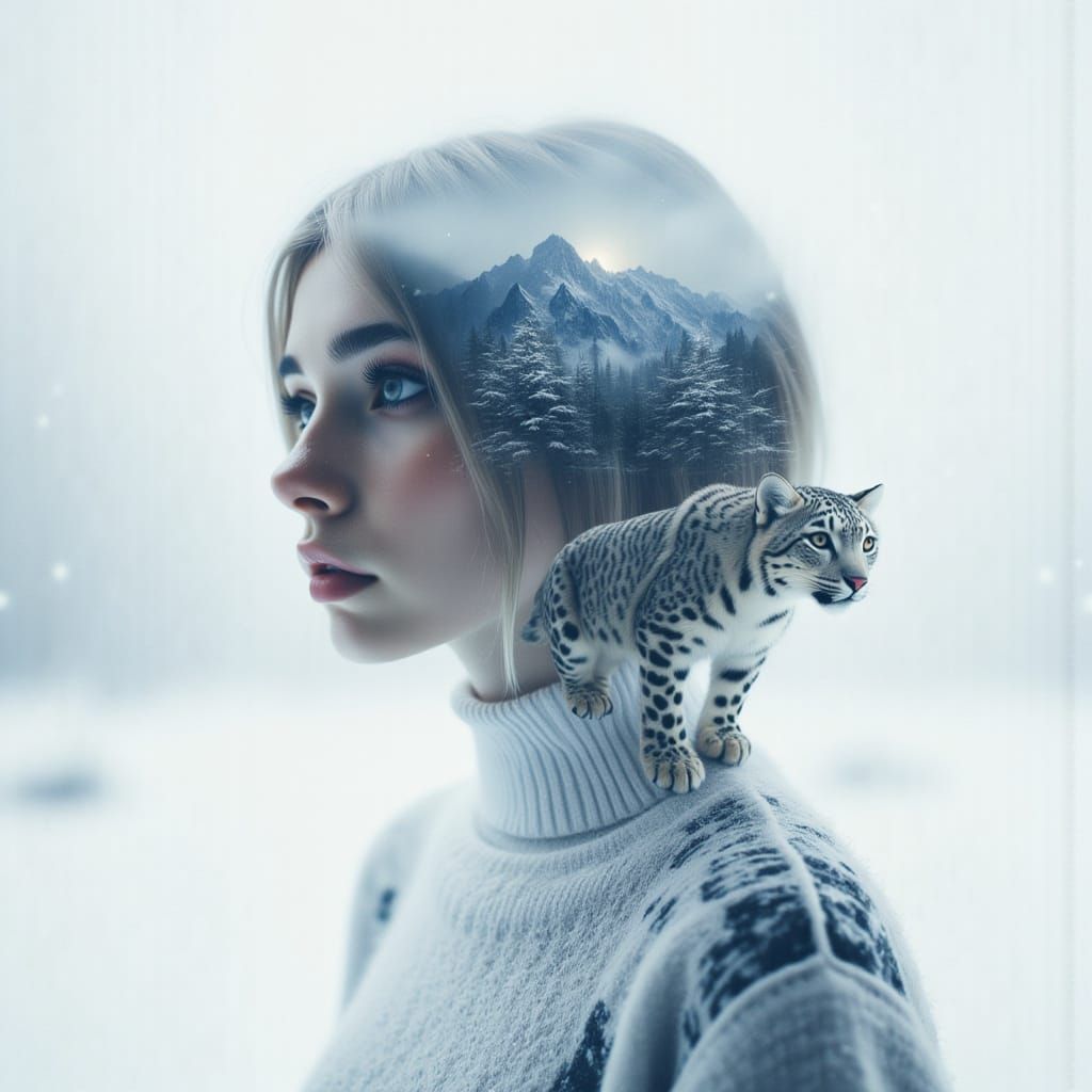 Double Exposure: Woman Merged With Snowy Mountain Landscape
