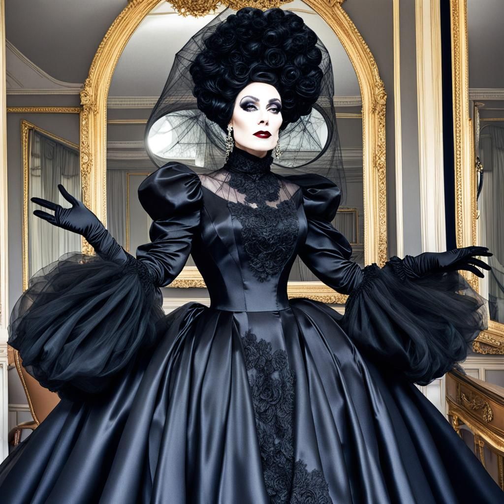 Elegant Drag Queen in Black Satin Couture Gown