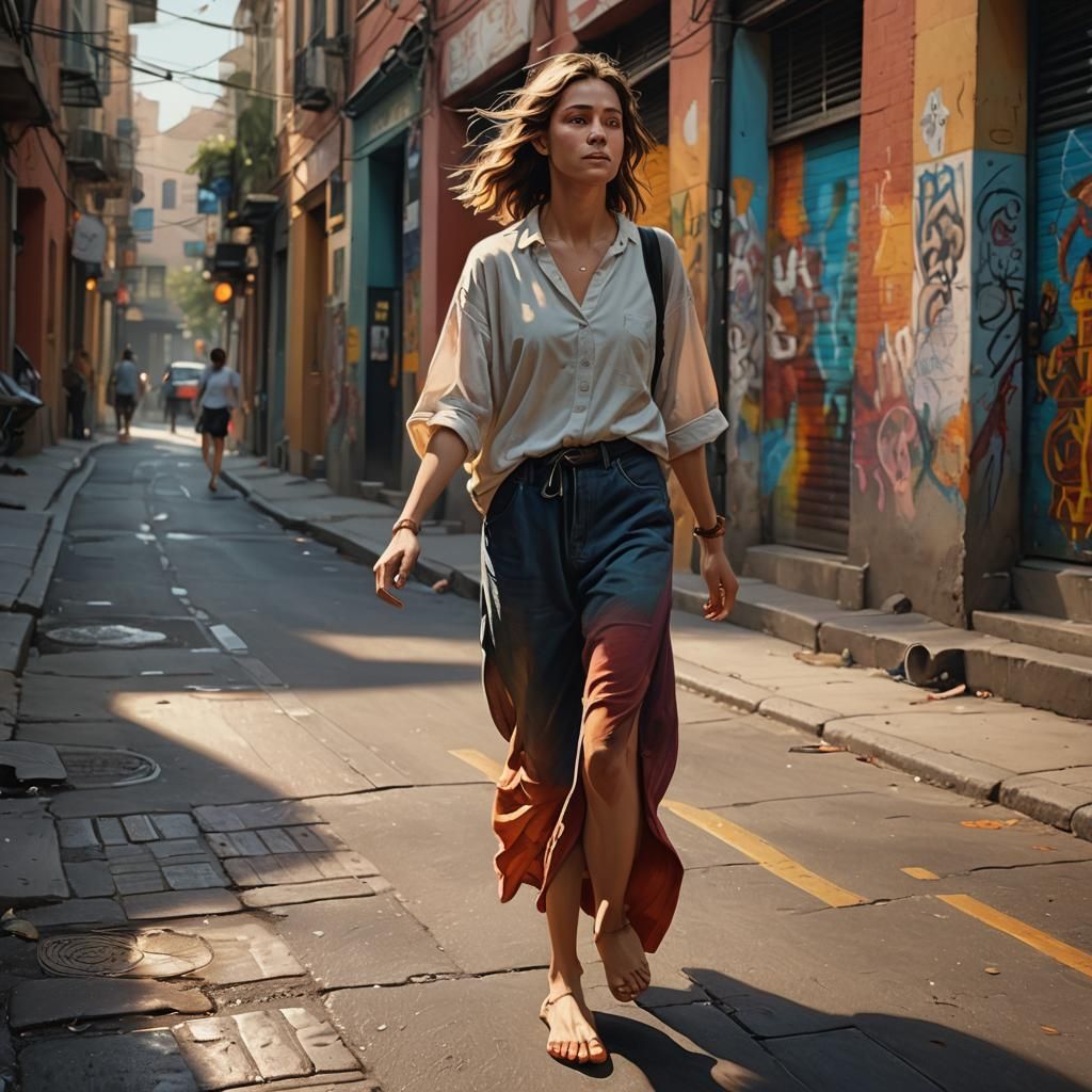 Hyperrealistic Woman Walks Barefoot in Street