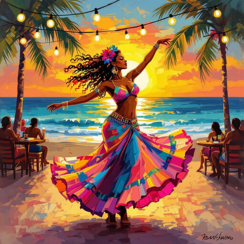 Afro-Hispanic Dancer in Vibrant Beach Club Sunset