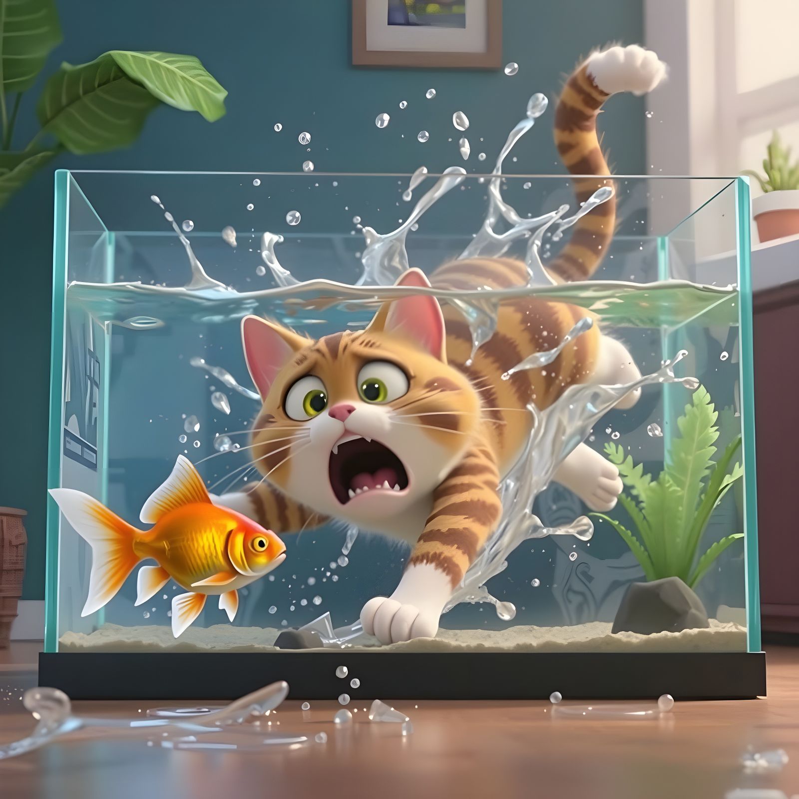 Scared Cat Falls Into Aquarium in Hilarious CGI Caricature