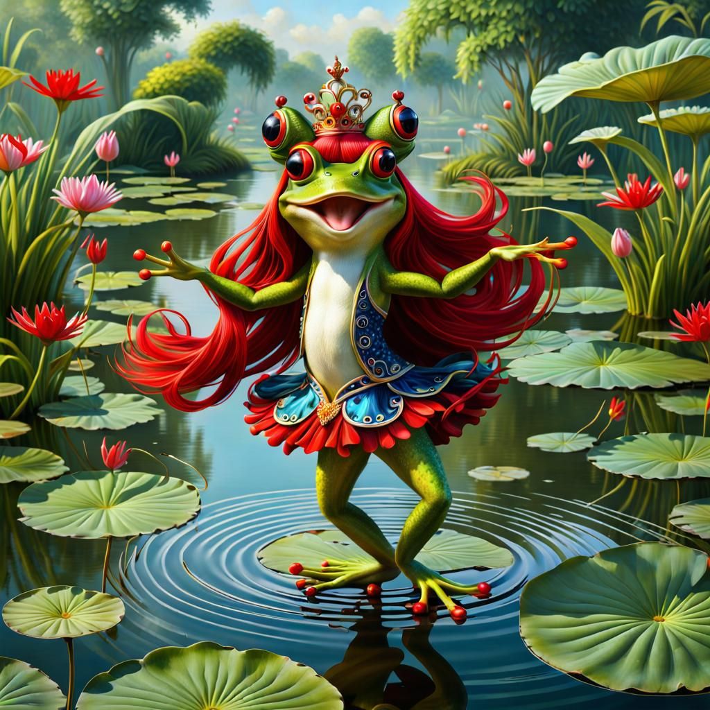 Dancing Frog with Red Wig on Pond