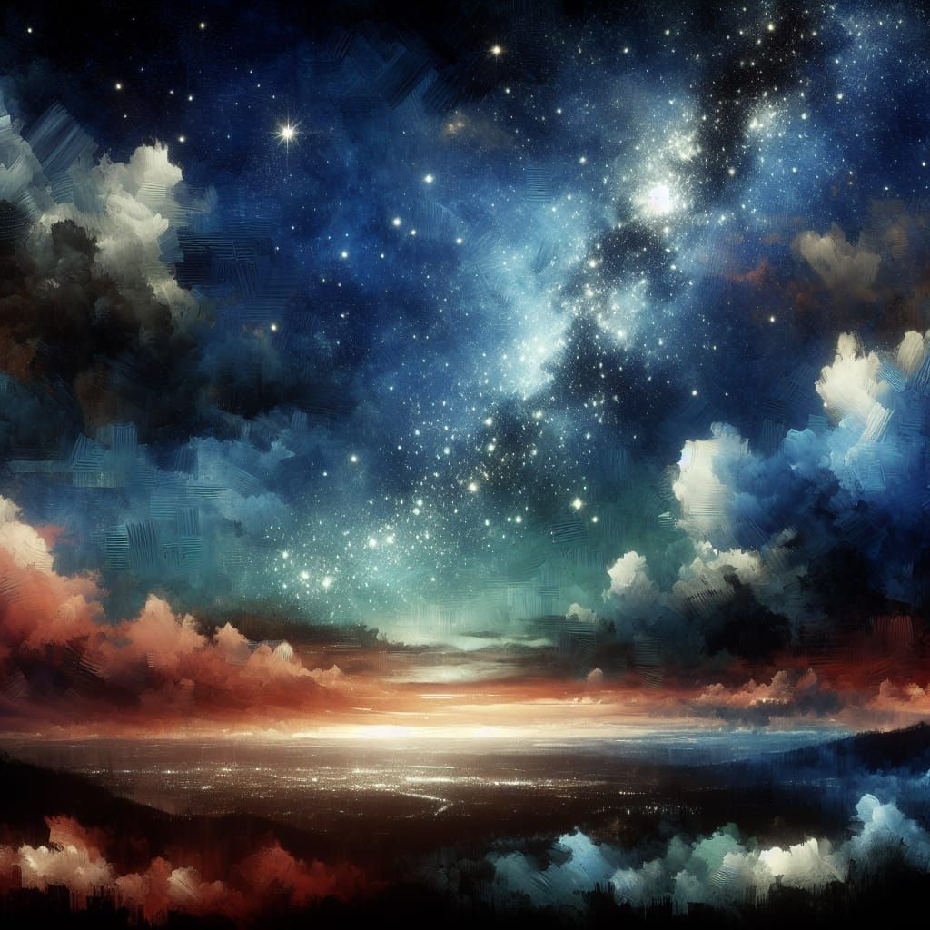Dramatic Starry Night Sky Mixed Media Painting