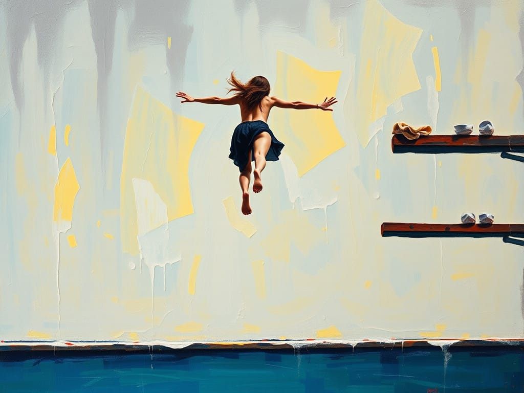 Woman Diving into a Pool in Vibrant Neo-Impressionist Style