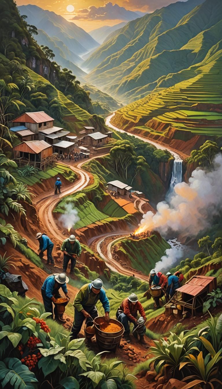 Peruvian Miners in Andes: An Oil Painting of Natural Resourc...