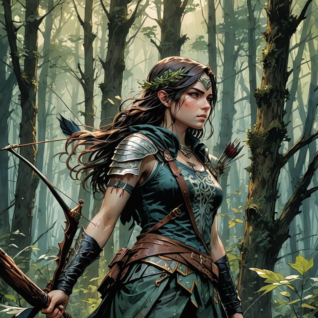 Archer Targeted in Forest, Watercolor Fantasy Art
