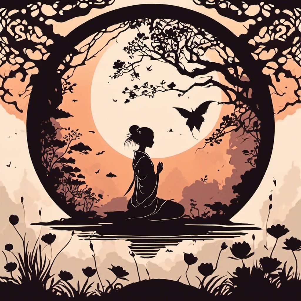 Geisha Silhouette in Nature with Bokeh Sunrise