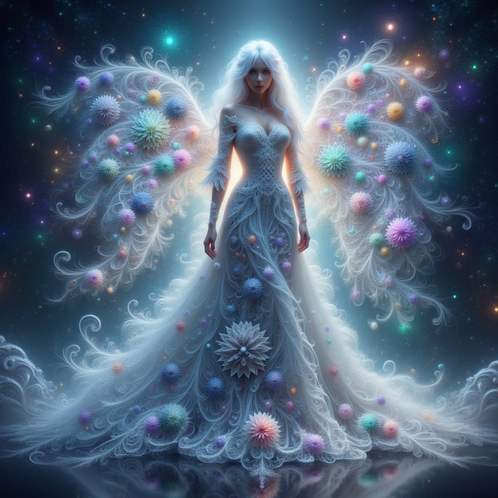 Ethereal Celestial Goddess in Fractal Lace Gown, amidst Swir...