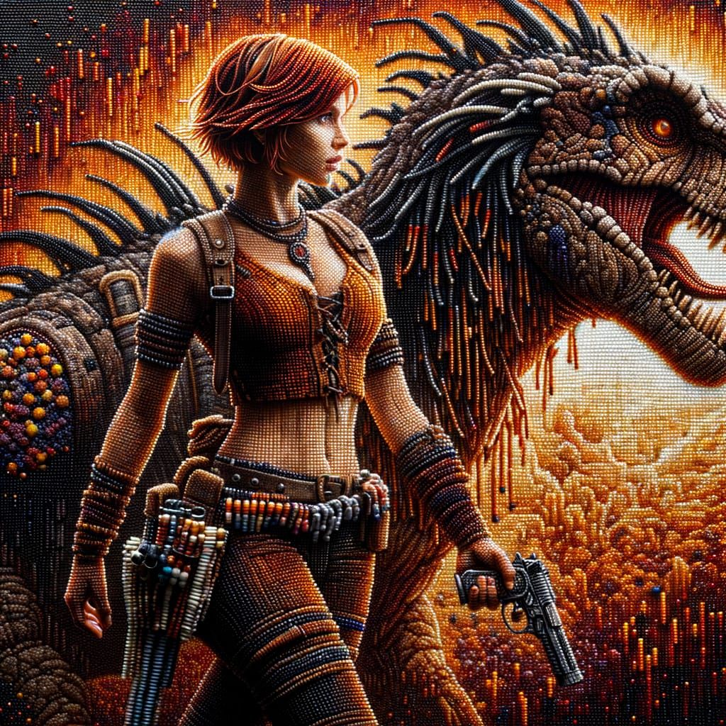 Beaded Fantasy Woman and Beast in Post-Apocalyptic World