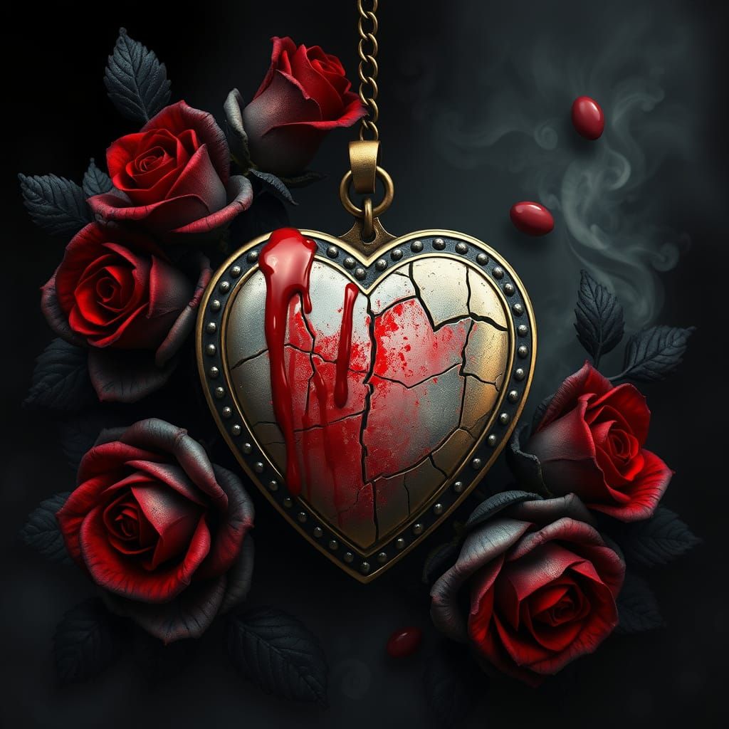 Cracked Heart Locket with Roses and Red Paint