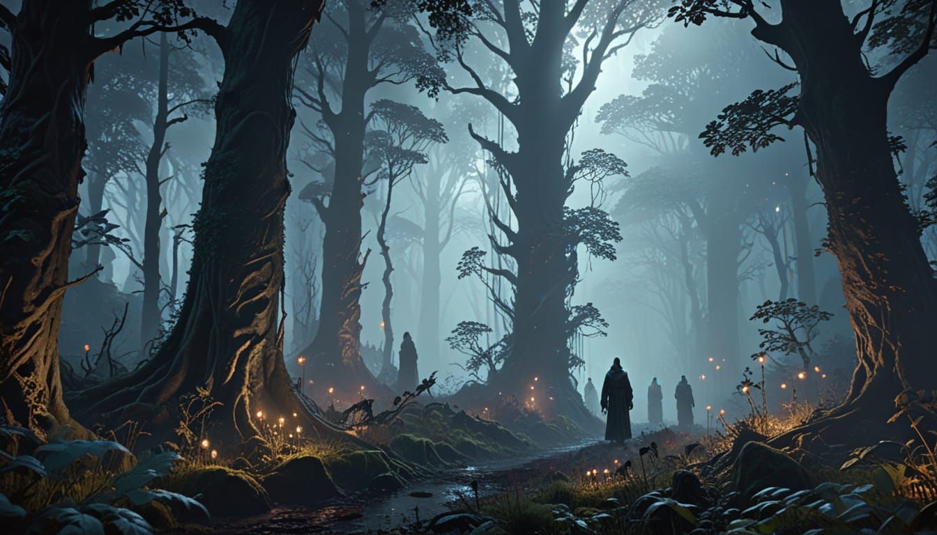 Surreal Enchanted Forest with Ghostly Figures in Dark Fantas...