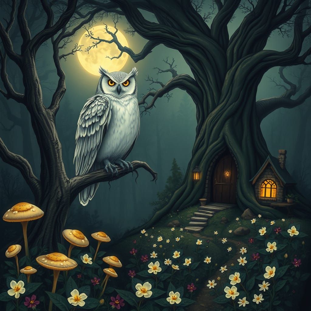 Majestic Mythical Owl in Whimsical Forest Glade