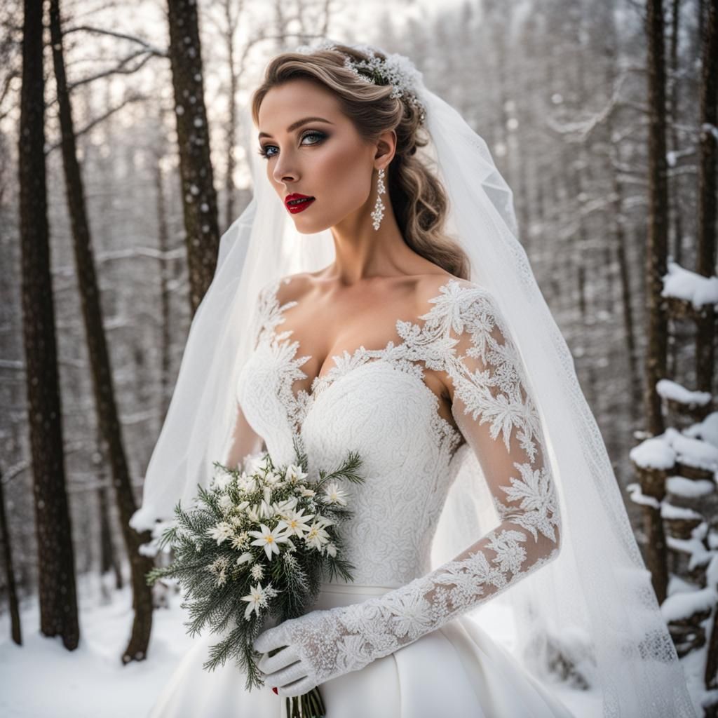 Exotic Bride in White Lace Gown in Snow
