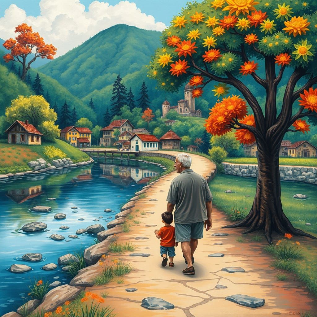 Grandfather and Grandson by River in Naive Art Style