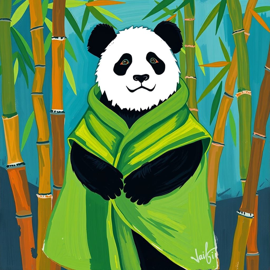 Panda in Bamboo: A Fauvist-Style Cloaked Bear