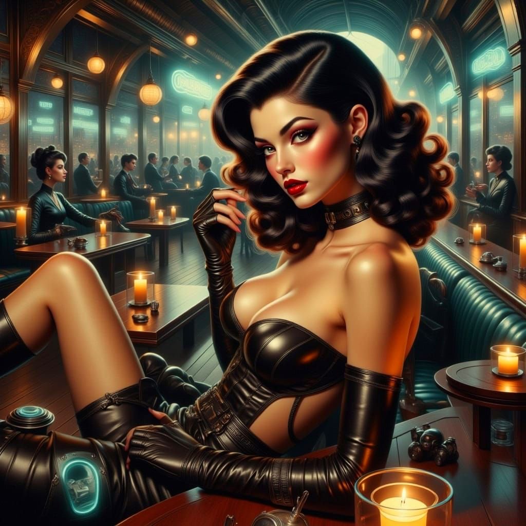 Seductive Gothic Siren in Retro-Futuristic Cosmic Dreamscape