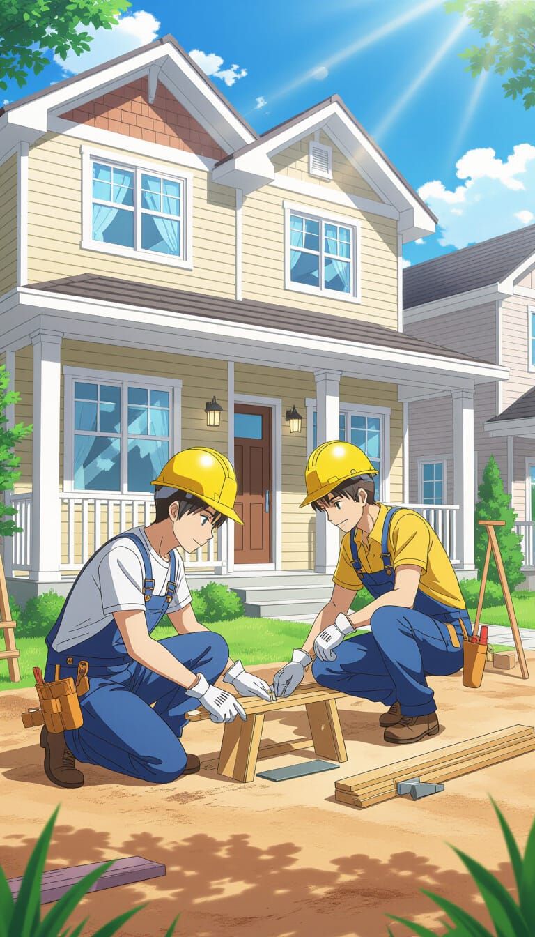 Anime Construction Workers Building Suburban House