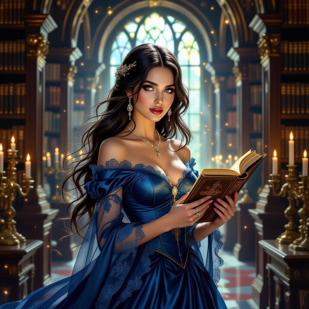 Woman in Library, Pre-Raphaelite Style