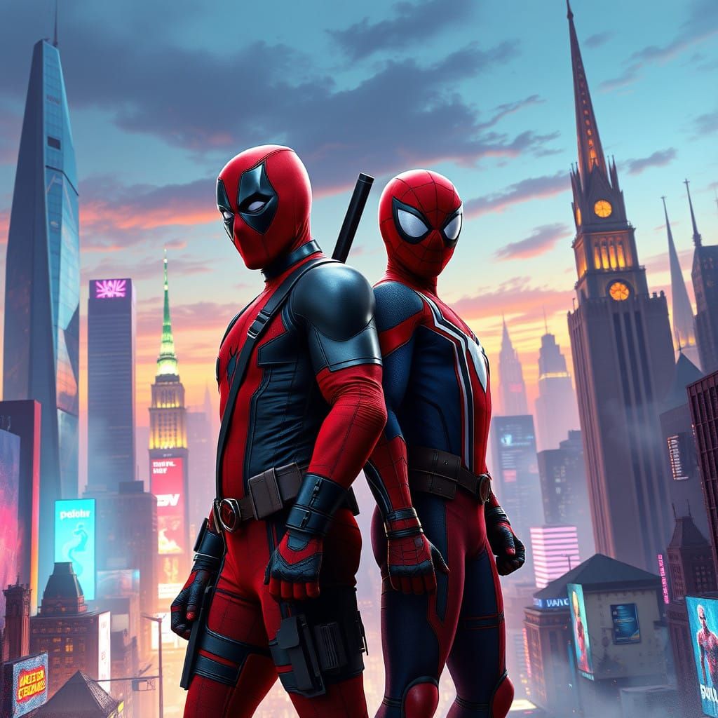 Deadpool and Spiderman Unite in Neon-Lit Cityscape