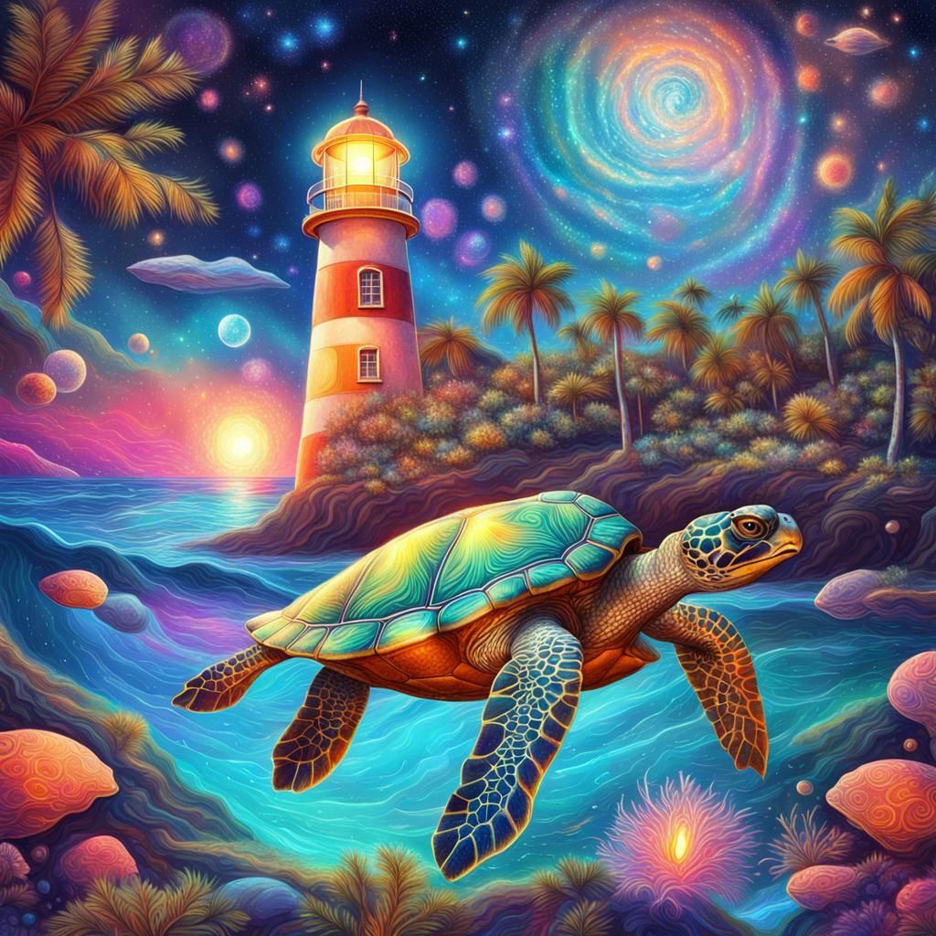 Cosmic Turtle Lighthouse Seaside Illustration