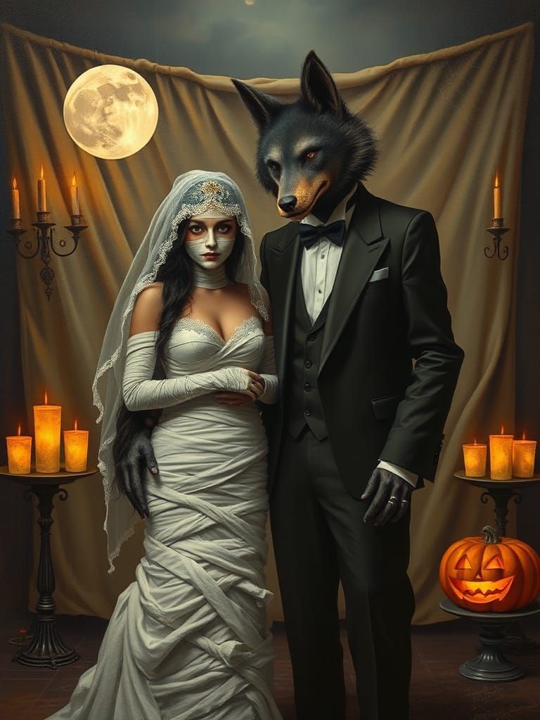 Werewolf and Mummy Prom Photo in Eerie Oil Painting Style