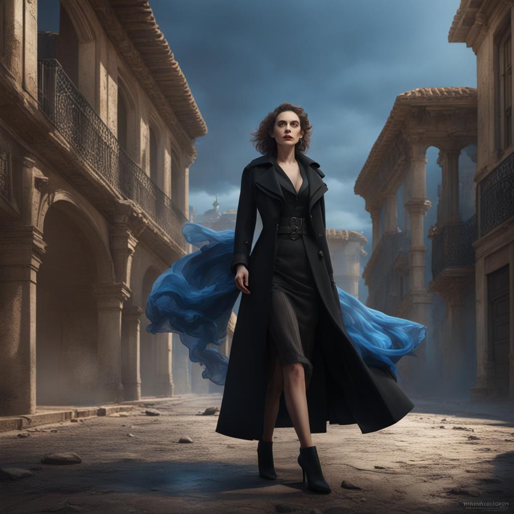 Spanish Woman in Black and Blue Dress: Detailed Matte Painti...