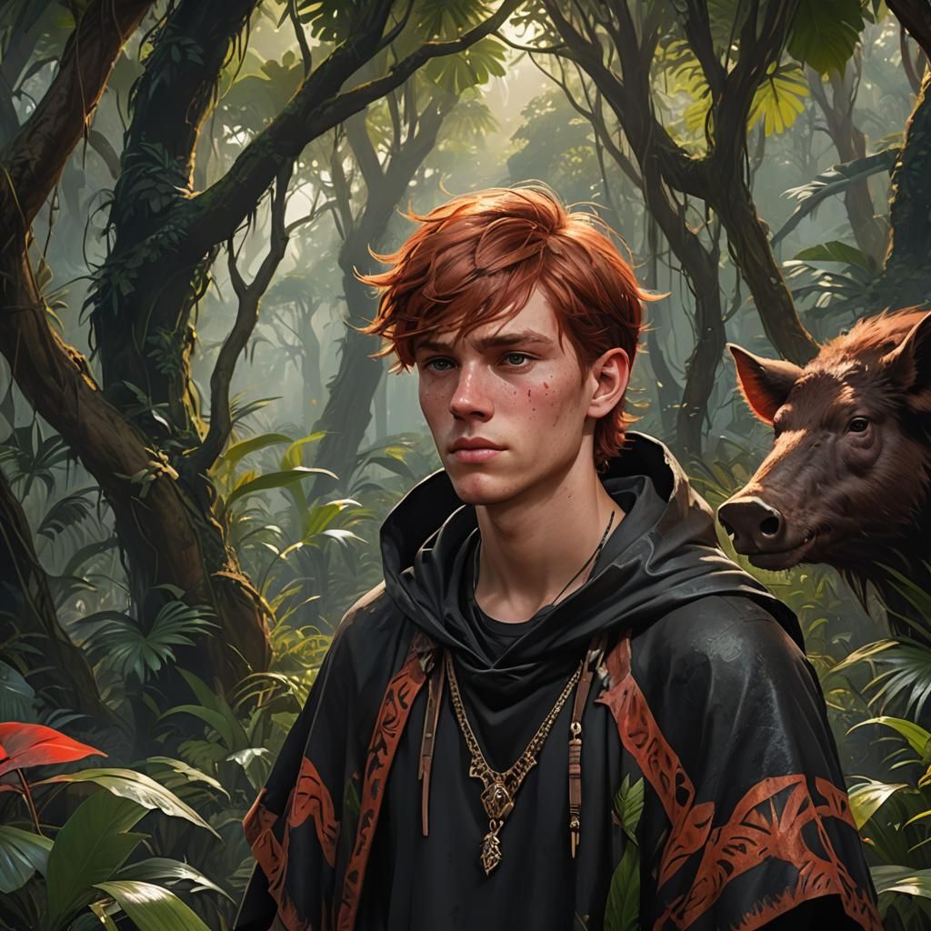 Jungle Teen in Animal Hide Poncho: Detailed Portrait