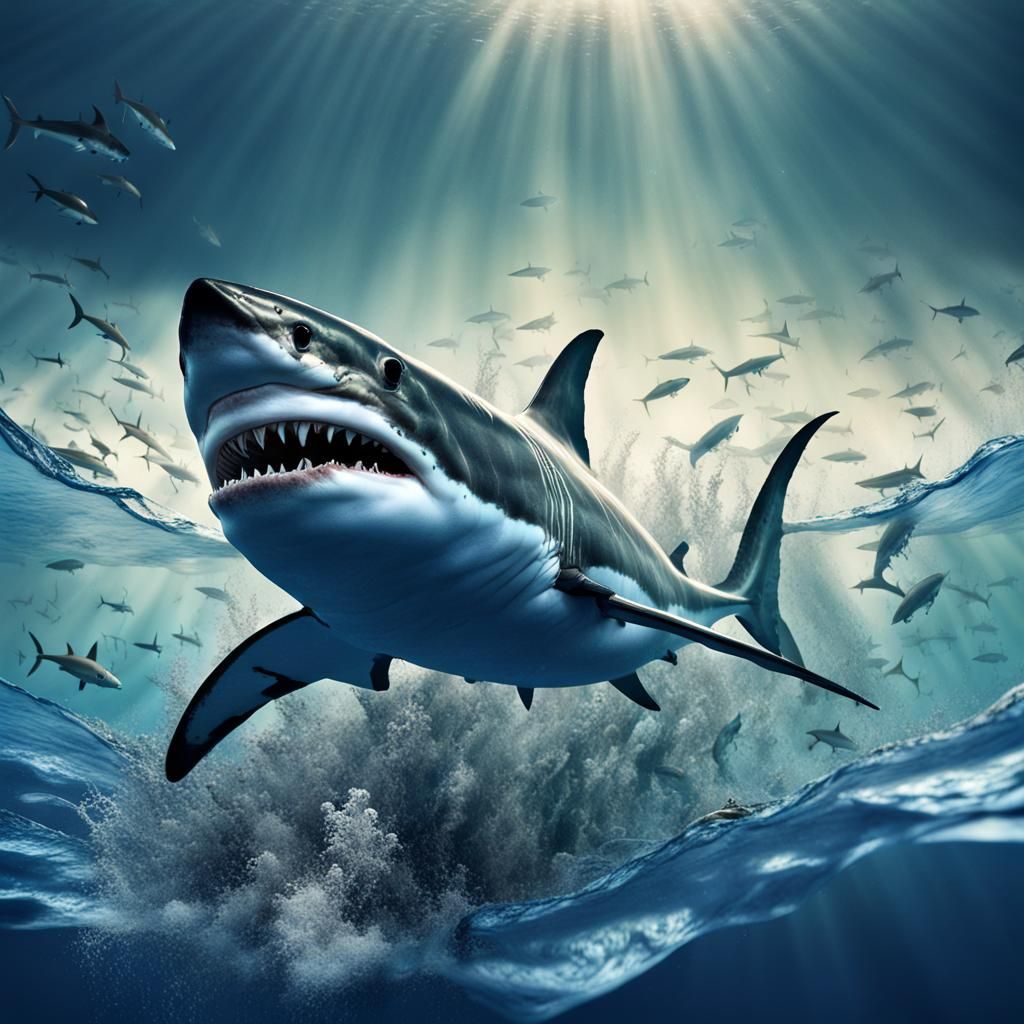 Great White Shark Underwater Chase: Ultra Realistic Photo