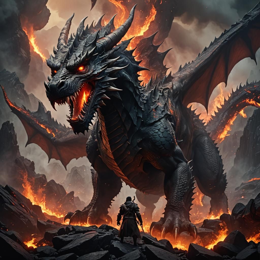 Dragon and Hellhound Clash in Apocalyptic Landscape