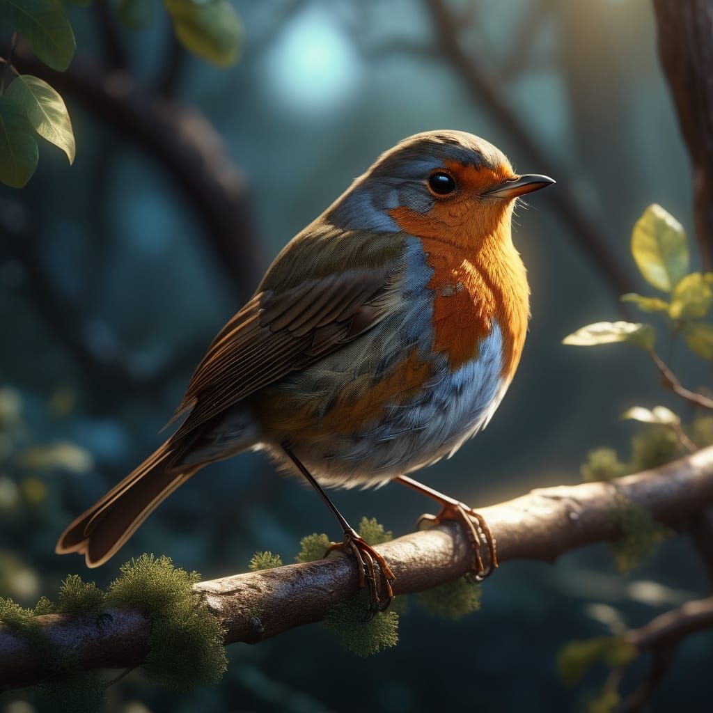 Proud Robin on Branch: Detailed Matte Painting