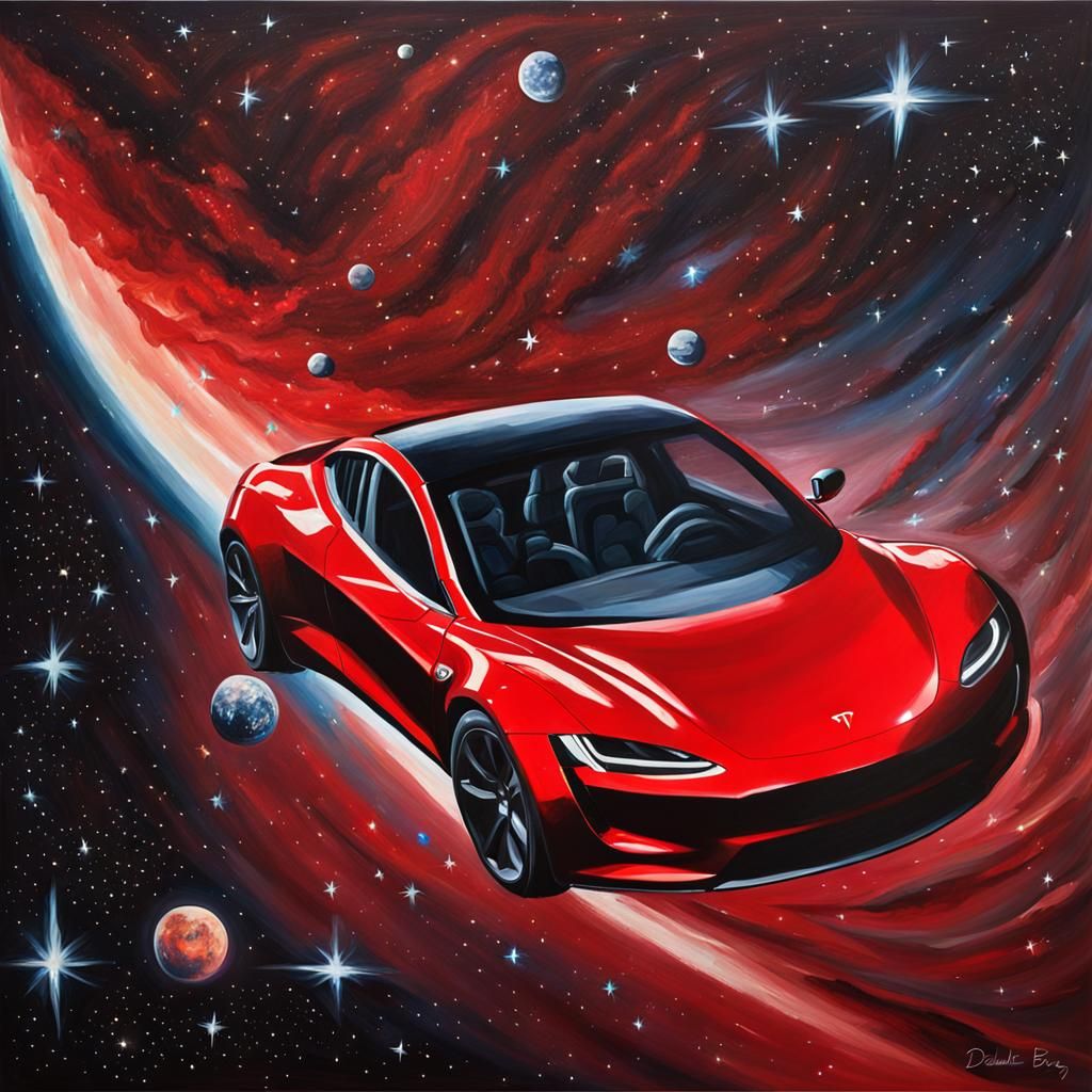 Red Tesla Roadster Floating in Space as Oil Painting