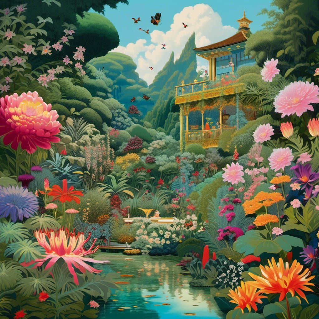 Maximalist garden scene