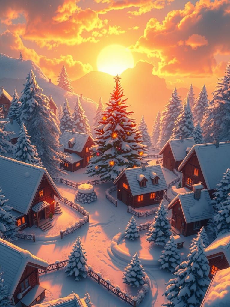 Snowy Anime Village at Sunset