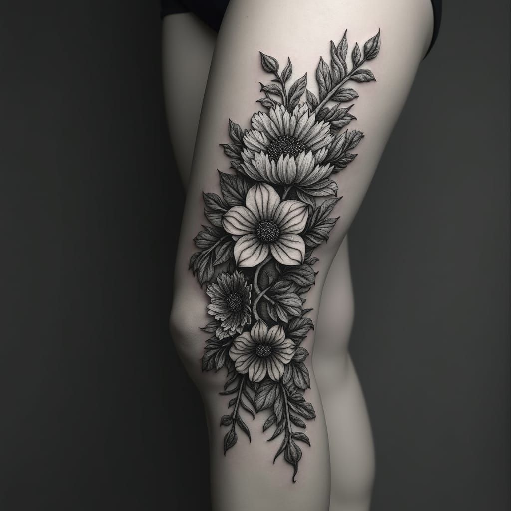 Ethereal Botanical Tattoo Design in Greyscale