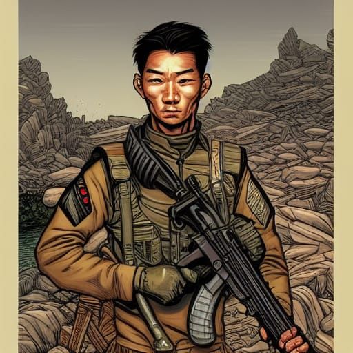 Asian Soldier in Comic Book Style Art