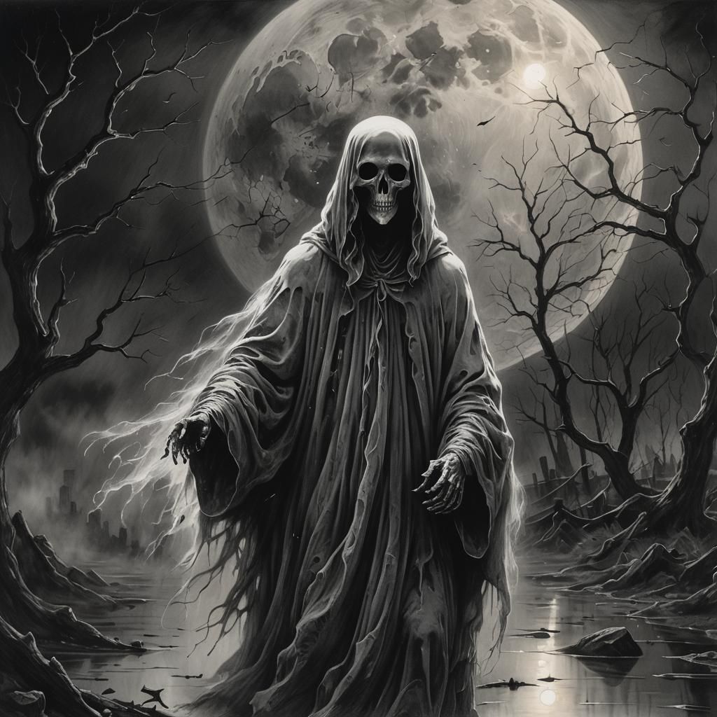 Eerie Ghost Crossing Moon in Charcoal Drawing