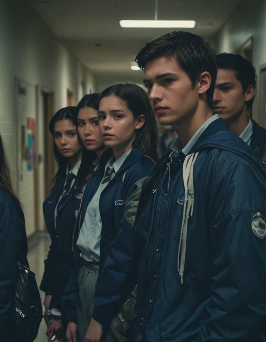Cinematic School Hallway with Students in Blue Jackets
